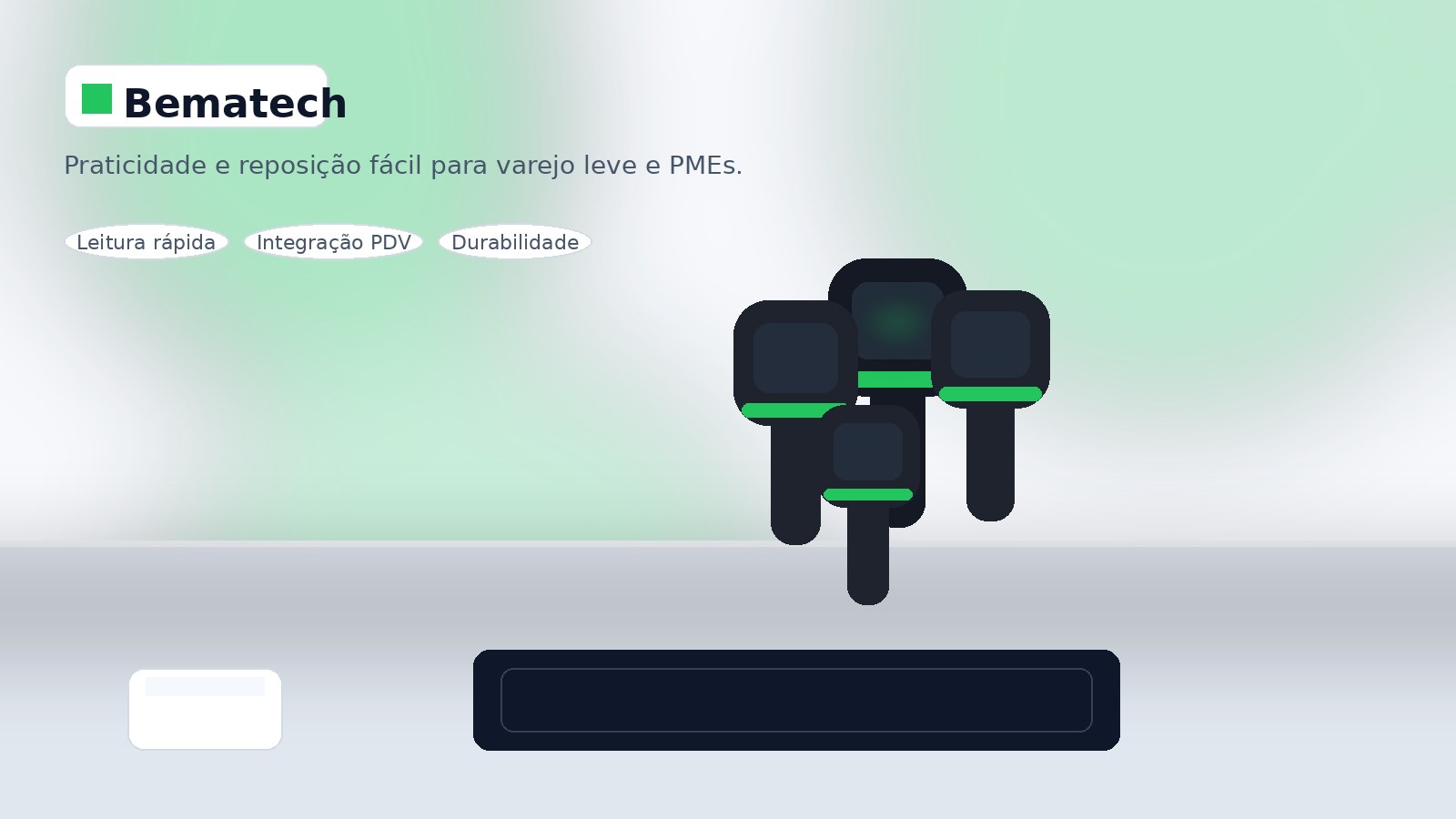 Leitor Bematech em mesa de loja, destacando praticidade e custo-benefício