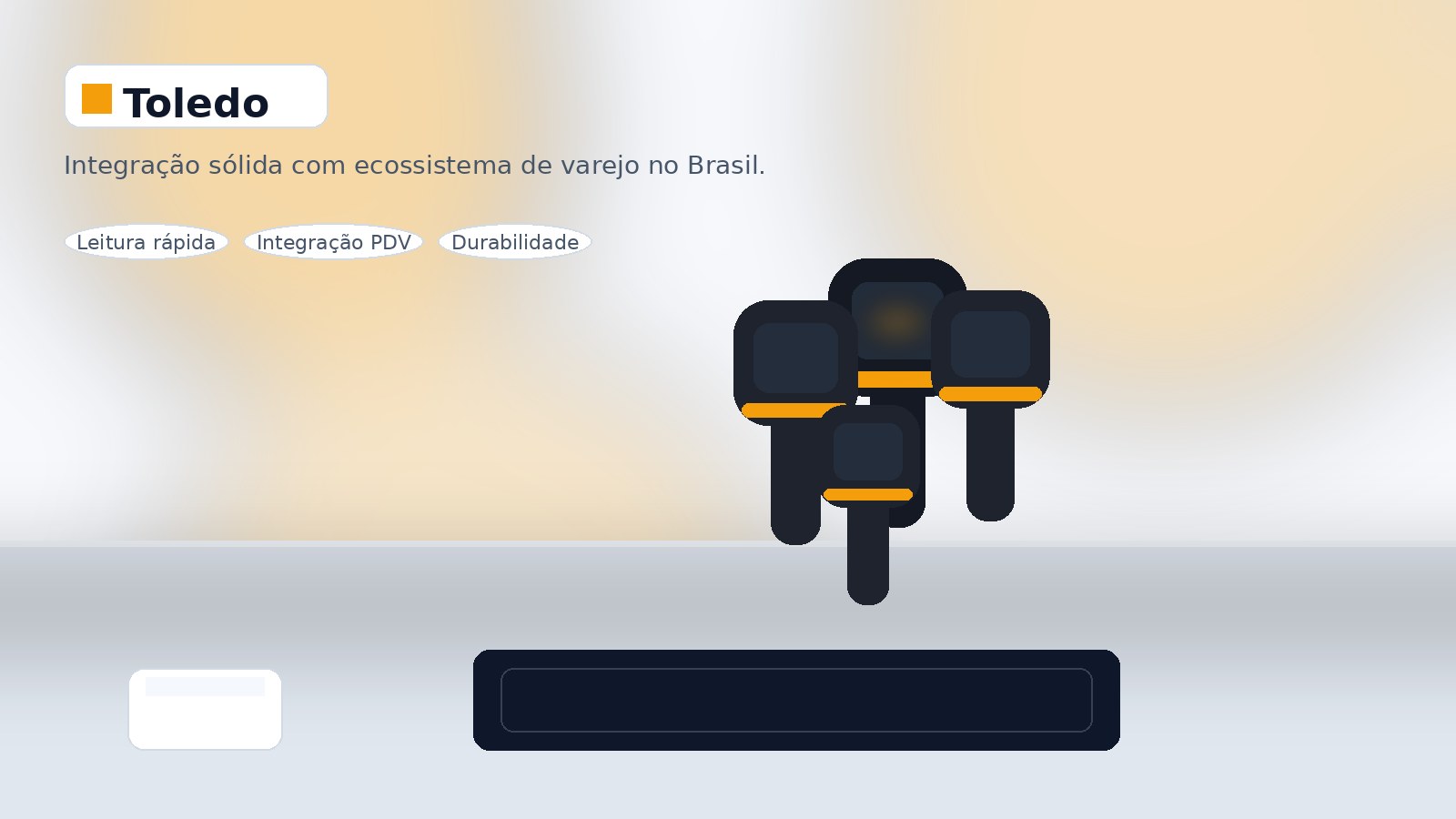 Leitor Toledo em cenário de supermercado, sugerindo integração com balcão e checkout