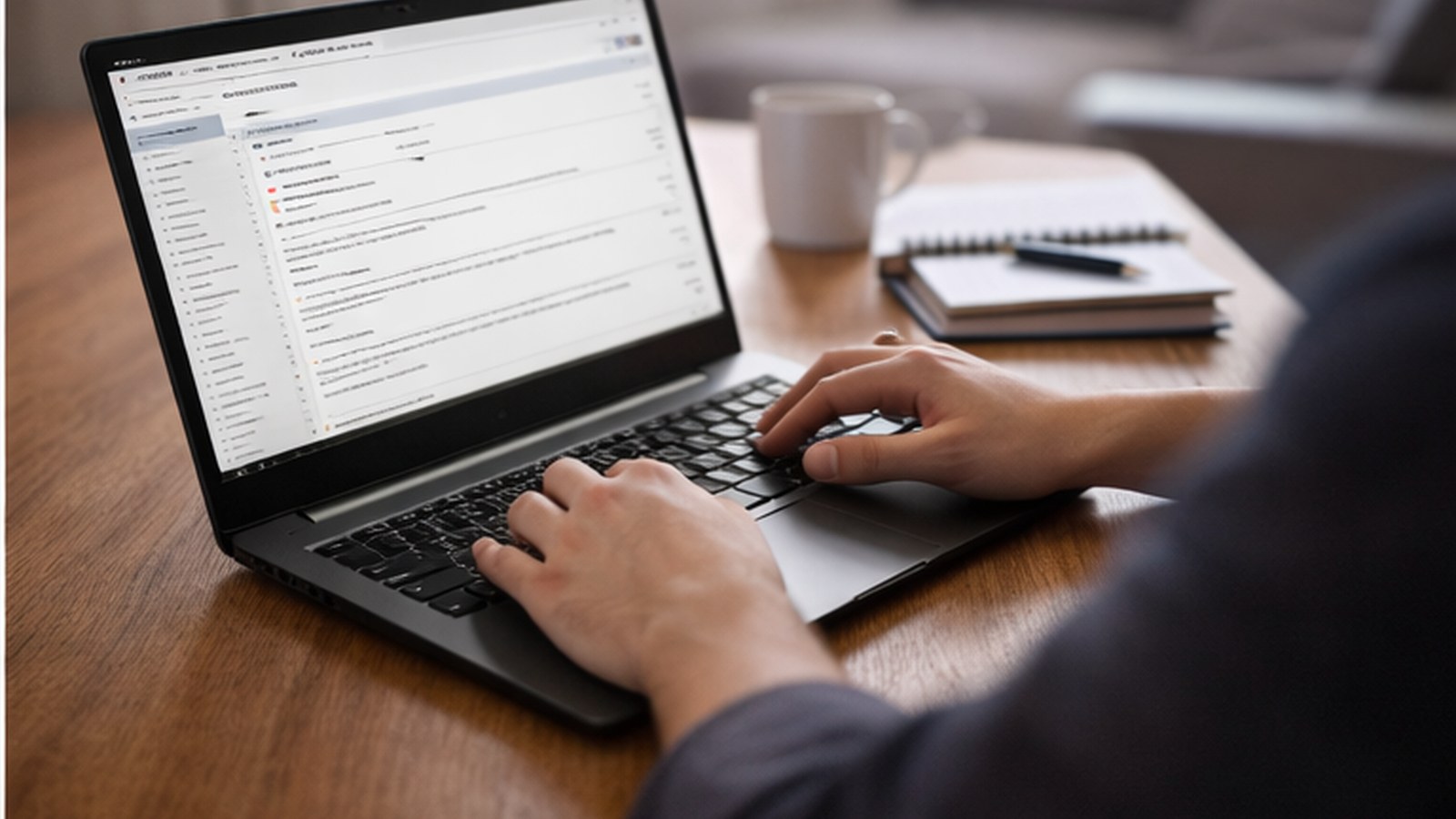 Notebook com tela exibindo documentos e interface de trabalho